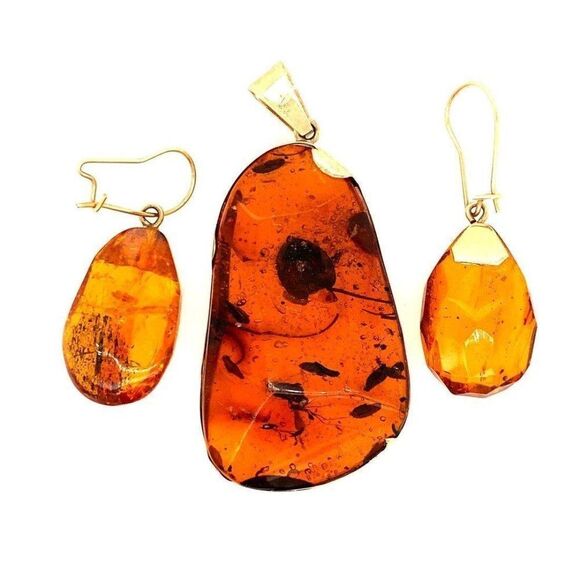 14k Amber Pendant & Earrings Set - Picture 1 of 10